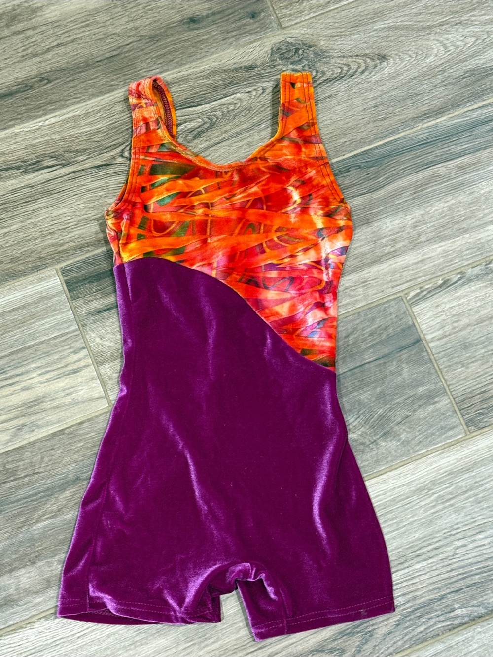 Motionwear Girls Orange Print & Purple Velvet Gymnastics Leotard Sz 6X 7 b77